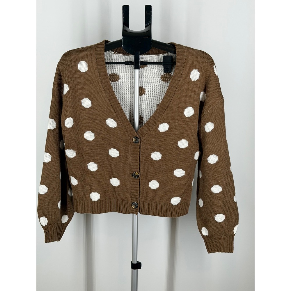 Blu Pepper Brown Polka Dot Cropped Cardigan Sweater Womens Medium
